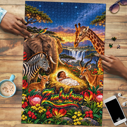 Zimbabwe Christmas Holy Family Puzzle African Safari Wildlife Savanna Sunset Baby Jesus