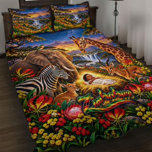 Zimbabwe Christmas Holy Family Quilt Bed Set African Safari Wildlife Savanna Sunset Baby Jesus