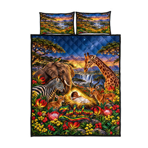 Zimbabwe Christmas Holy Family Quilt Bed Set African Safari Wildlife Savanna Sunset Baby Jesus