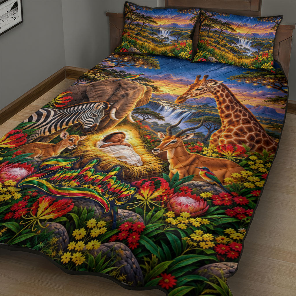 Zimbabwe Christmas Holy Family Quilt Bed Set African Safari Wildlife Savanna Sunset Baby Jesus