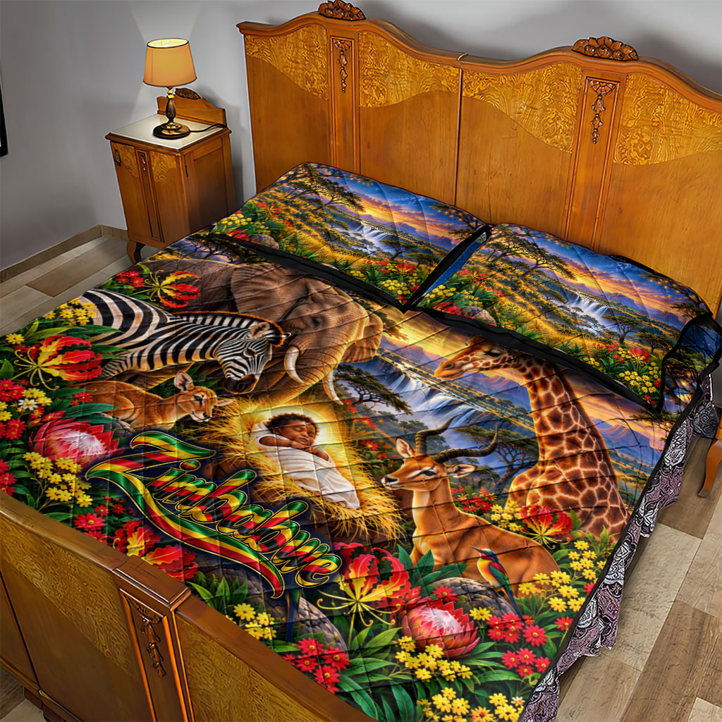 Zimbabwe Christmas Holy Family Quilt Bed Set African Safari Wildlife Savanna Sunset Baby Jesus