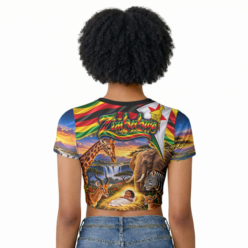 Zimbabwe Christmas Holy Family Raglan Cropped T shirt African Safari Wildlife Savanna Sunset Baby Jesus
