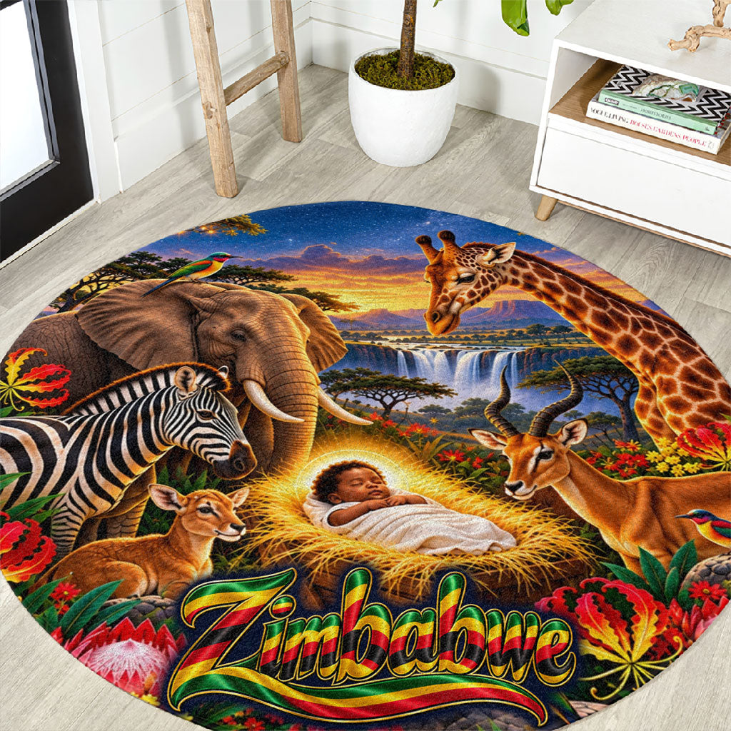Zimbabwe Christmas Holy Family Round Carpet African Safari Wildlife Savanna Sunset Baby Jesus