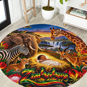 Zimbabwe Christmas Holy Family Round Carpet African Safari Wildlife Savanna Sunset Baby Jesus
