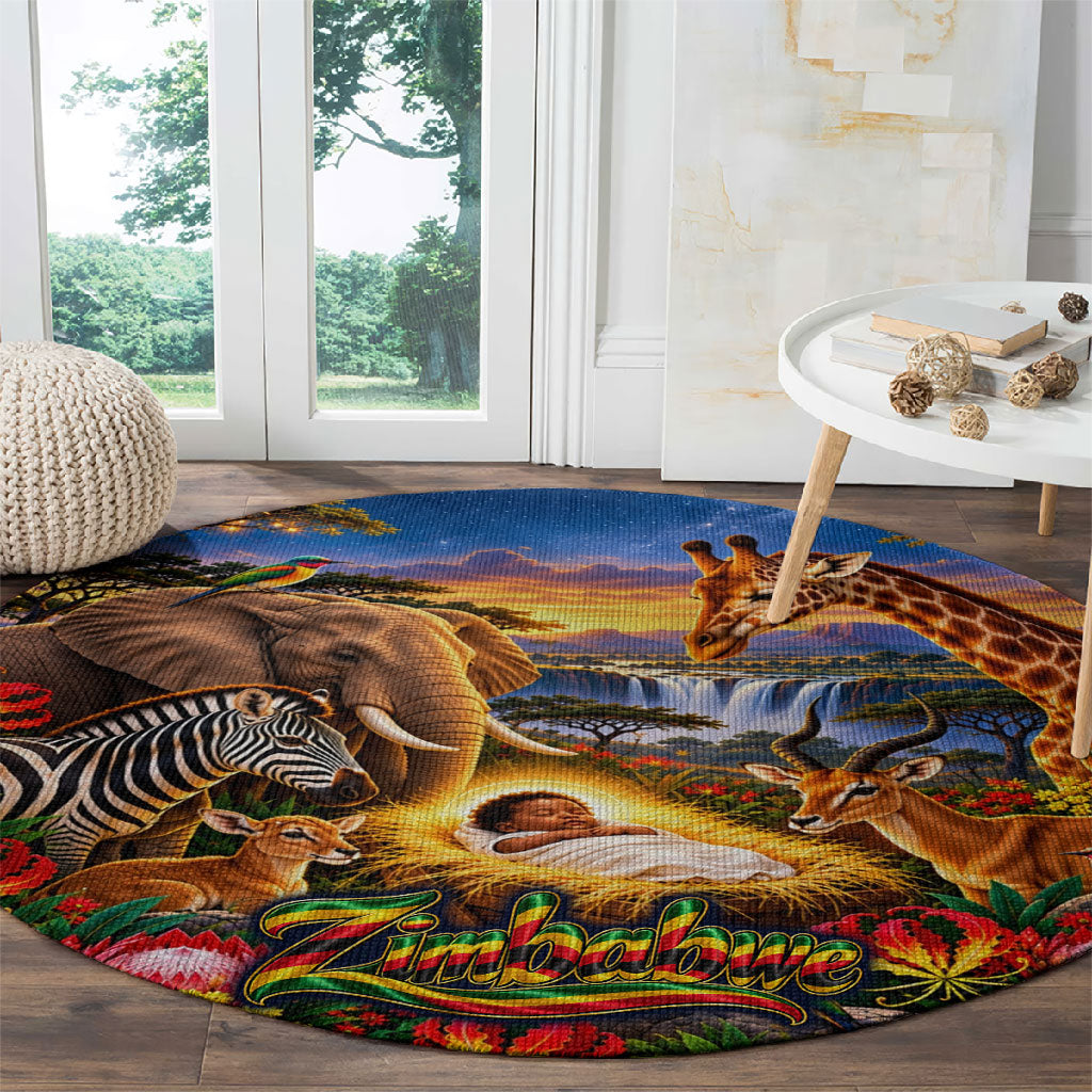 Zimbabwe Christmas Holy Family Round Carpet African Safari Wildlife Savanna Sunset Baby Jesus