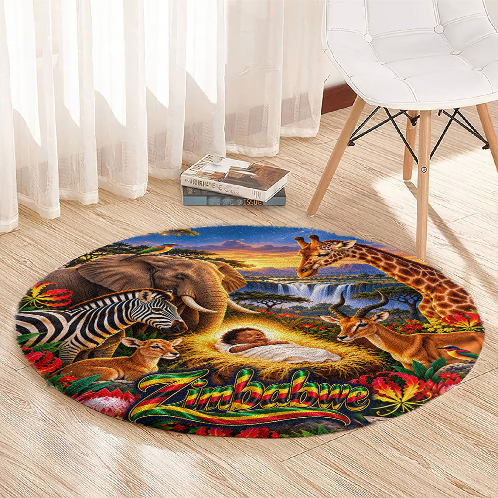 Zimbabwe Christmas Holy Family Round Carpet African Safari Wildlife Savanna Sunset Baby Jesus