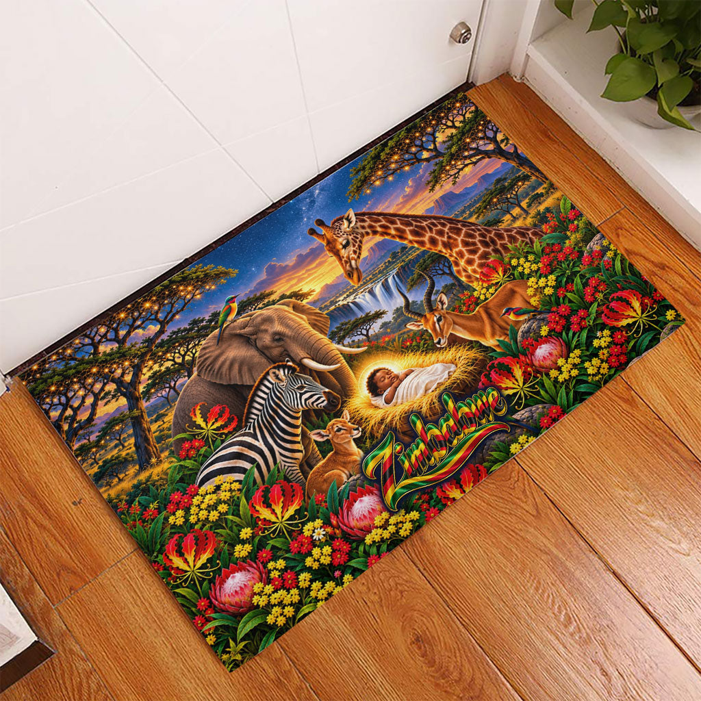 Zimbabwe Christmas Holy Family Rubber Doormat African Safari Wildlife Savanna Sunset Baby Jesus