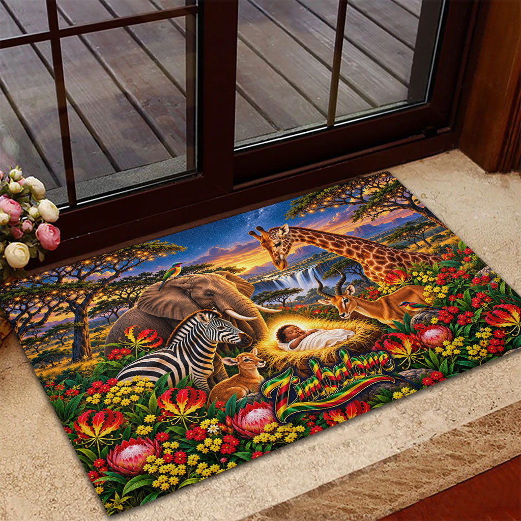 Zimbabwe Christmas Holy Family Rubber Doormat African Safari Wildlife Savanna Sunset Baby Jesus