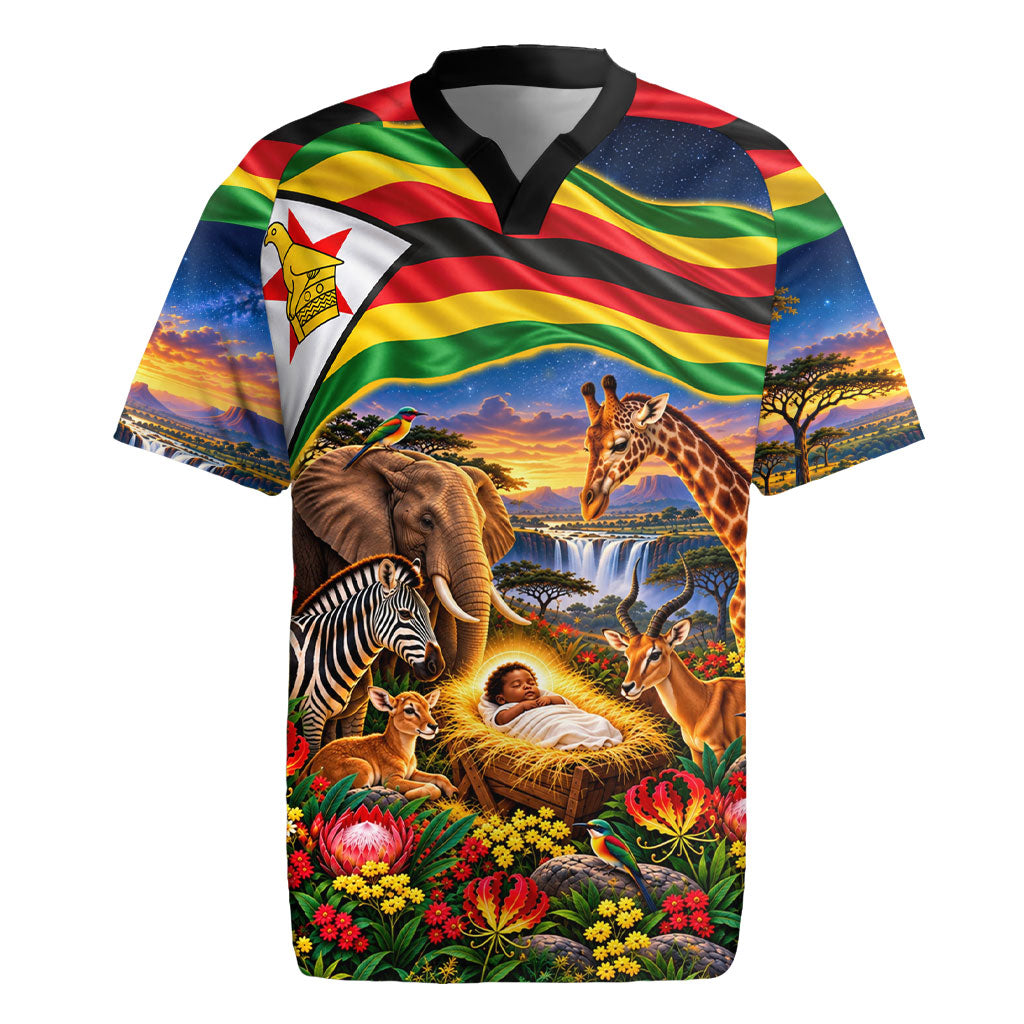 Zimbabwe Christmas Holy Family Rugby Jersey African Safari Wildlife Savanna Sunset Baby Jesus