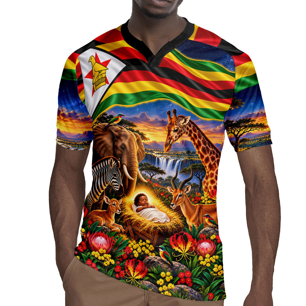 Zimbabwe Christmas Holy Family Rugby Jersey African Safari Wildlife Savanna Sunset Baby Jesus