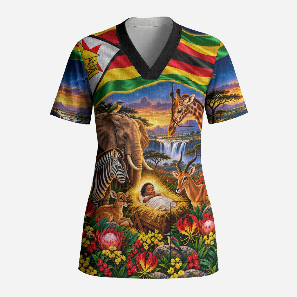 Zimbabwe Christmas Holy Family Scrub Top African Safari Wildlife Savanna Sunset Baby Jesus