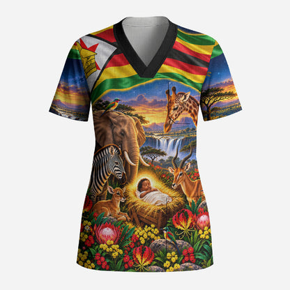 Zimbabwe Christmas Holy Family Scrub Top African Safari Wildlife Savanna Sunset Baby Jesus