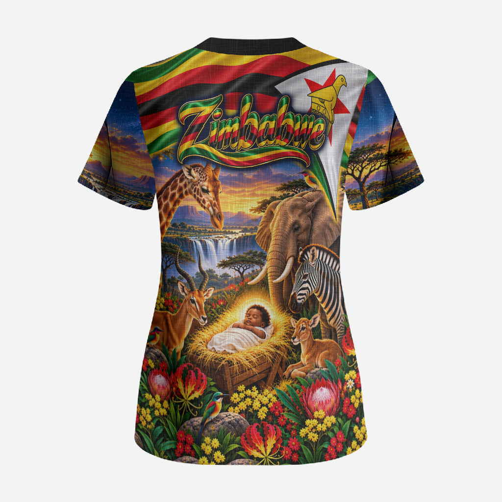 Zimbabwe Christmas Holy Family Scrub Top African Safari Wildlife Savanna Sunset Baby Jesus
