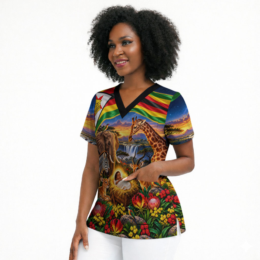 Zimbabwe Christmas Holy Family Scrub Top African Safari Wildlife Savanna Sunset Baby Jesus