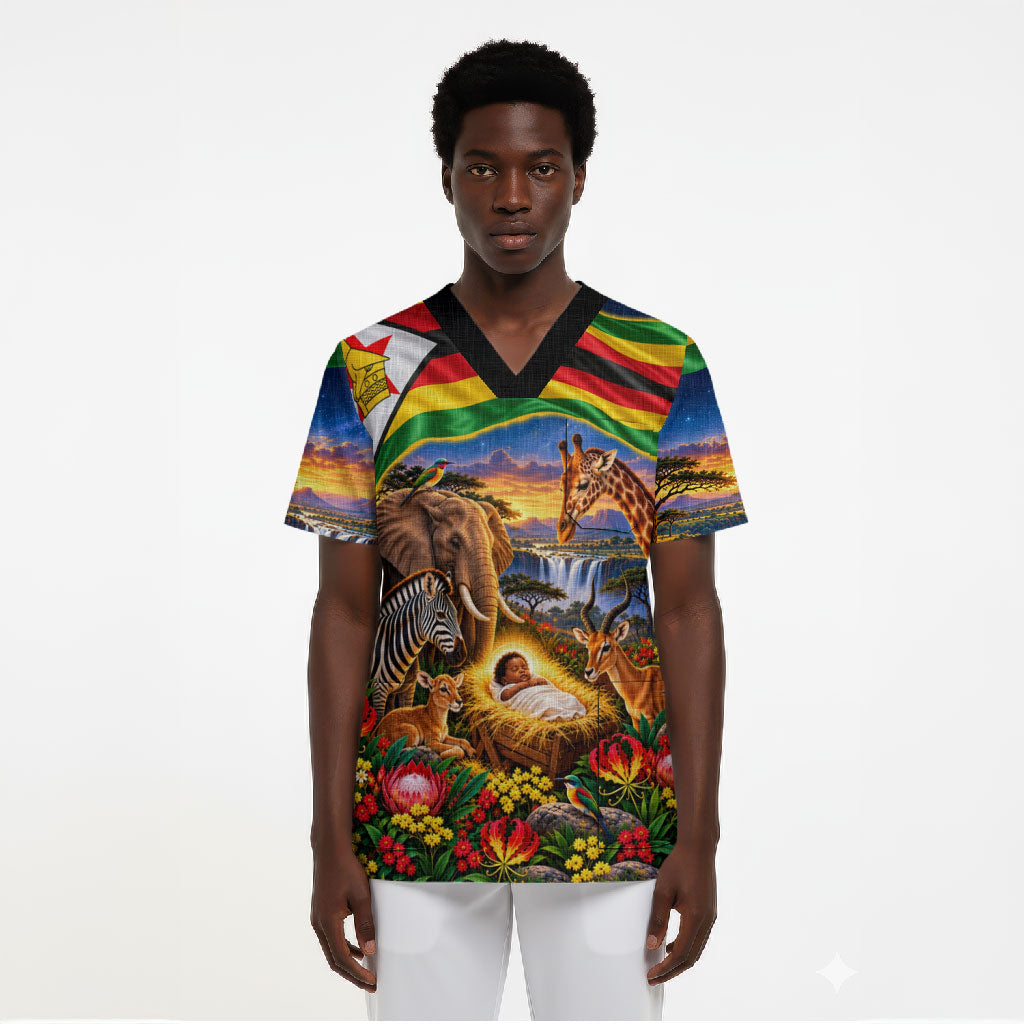Zimbabwe Christmas Holy Family Scrub Top African Safari Wildlife Savanna Sunset Baby Jesus