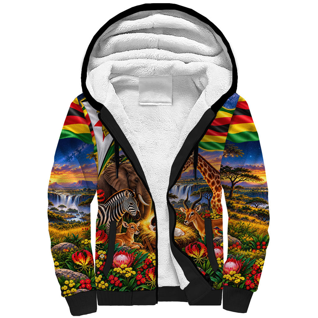 Zimbabwe Christmas Holy Family Sherpa Hoodie African Safari Wildlife Savanna Sunset Baby Jesus