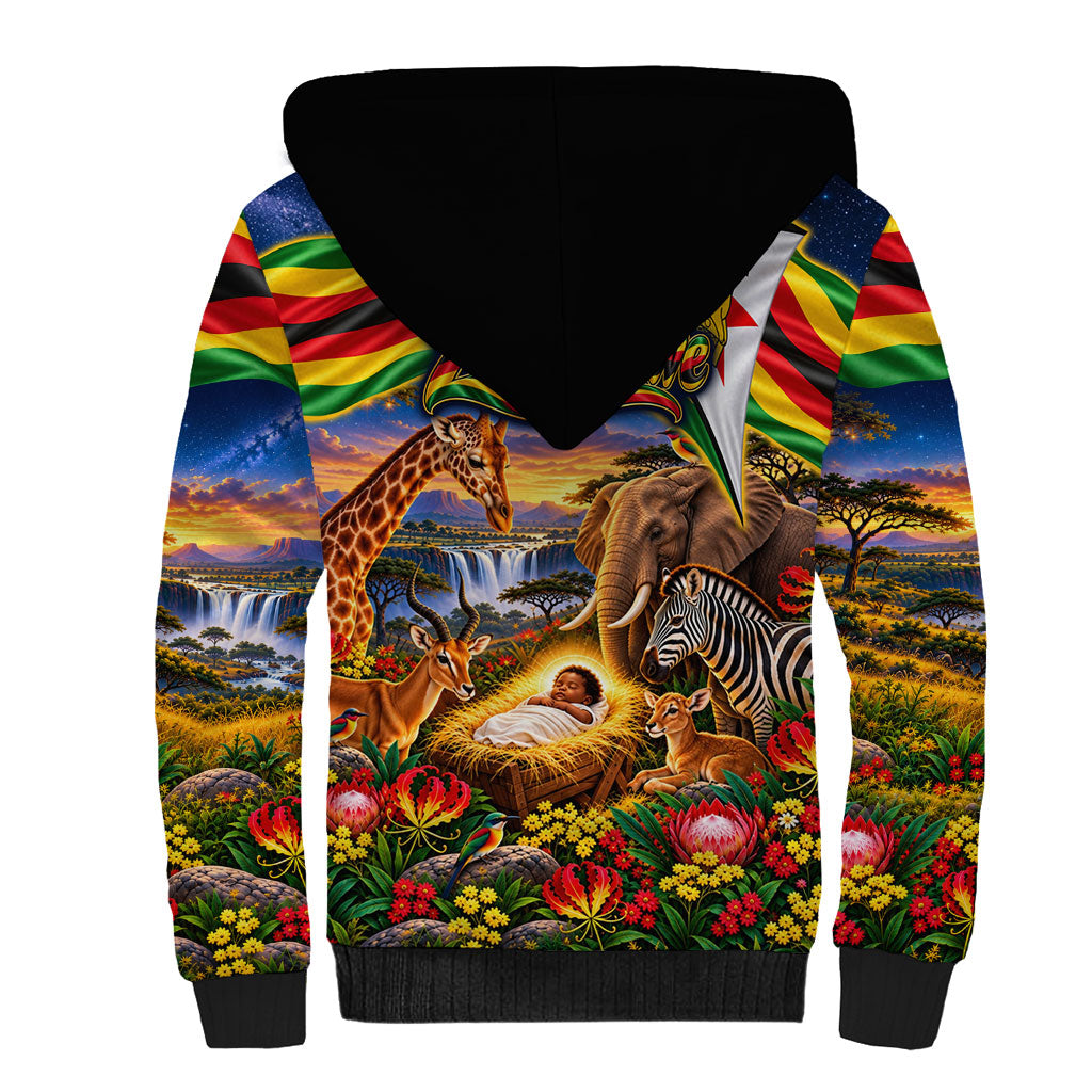 Zimbabwe Christmas Holy Family Sherpa Hoodie African Safari Wildlife Savanna Sunset Baby Jesus