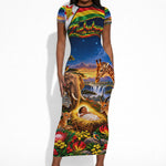 Zimbabwe Christmas Holy Family Short Sleeve Bodycon Dress African Safari Wildlife Savanna Sunset Baby Jesus