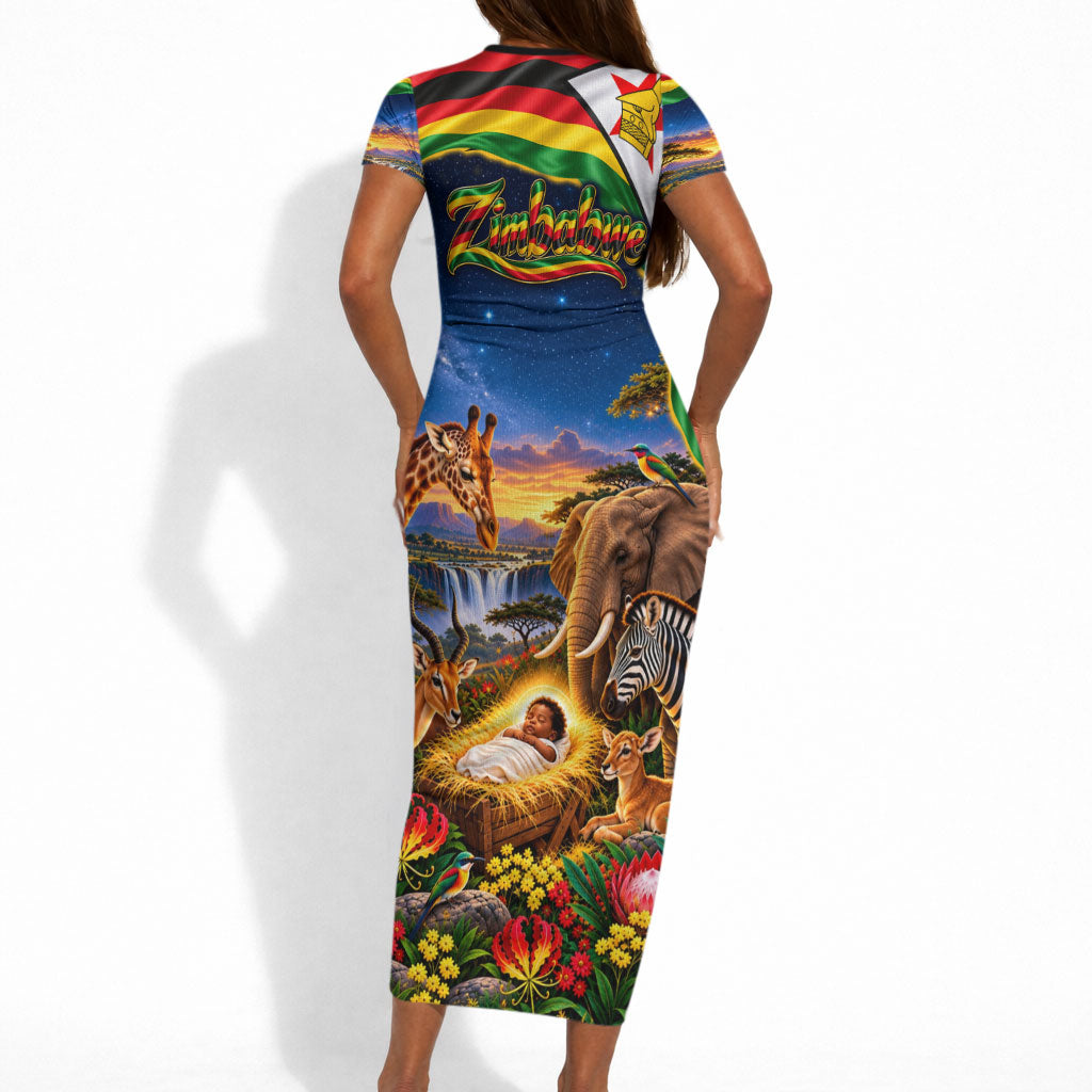 Zimbabwe Christmas Holy Family Short Sleeve Bodycon Dress African Safari Wildlife Savanna Sunset Baby Jesus