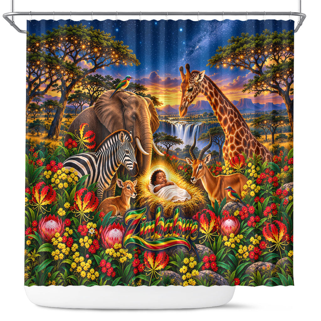 Zimbabwe Christmas Holy Family Shower Curtain African Safari Wildlife Savanna Sunset Baby Jesus