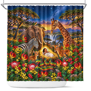 Zimbabwe Christmas Holy Family Shower Curtain African Safari Wildlife Savanna Sunset Baby Jesus