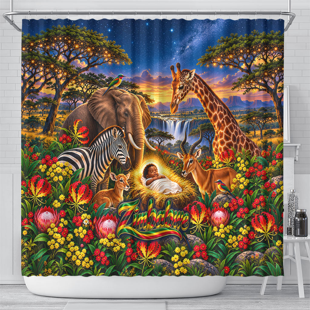 Zimbabwe Christmas Holy Family Shower Curtain African Safari Wildlife Savanna Sunset Baby Jesus