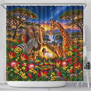 Zimbabwe Christmas Holy Family Shower Curtain African Safari Wildlife Savanna Sunset Baby Jesus