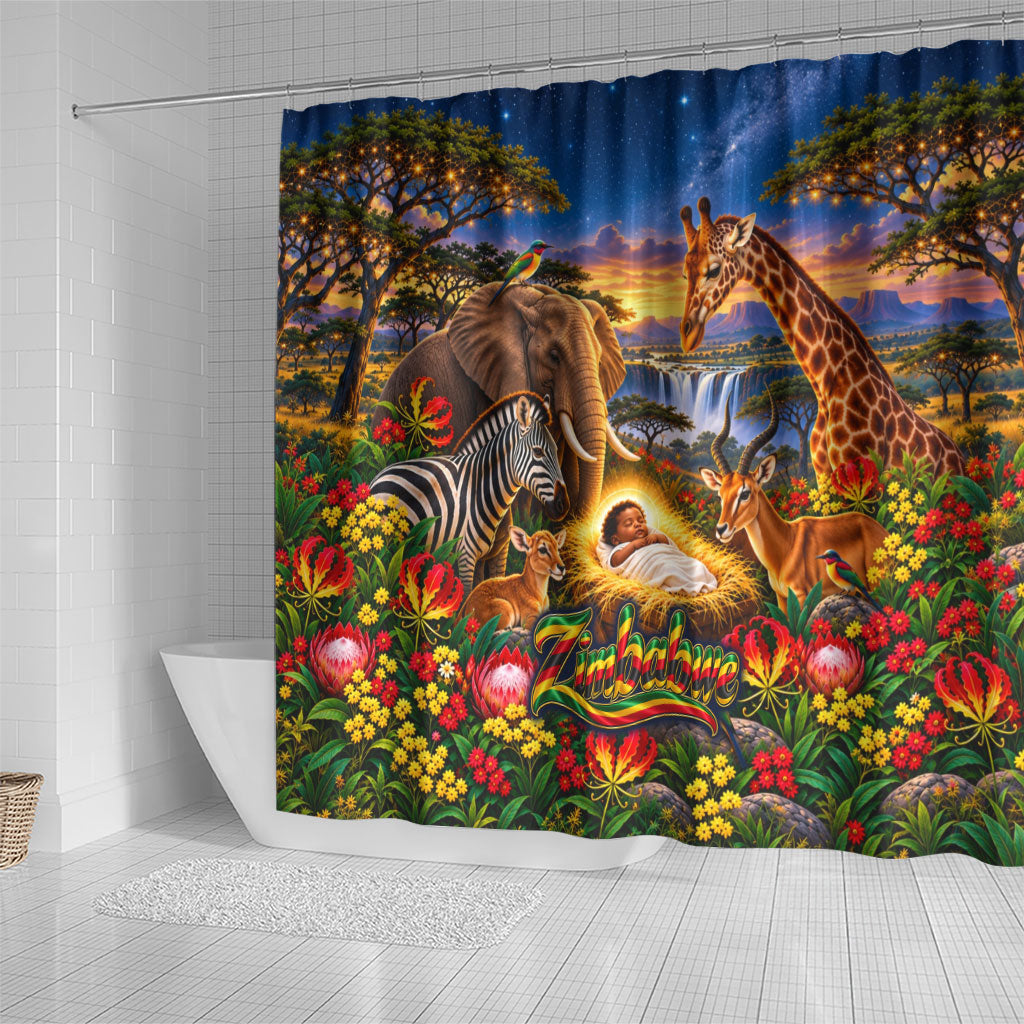 Zimbabwe Christmas Holy Family Shower Curtain African Safari Wildlife Savanna Sunset Baby Jesus