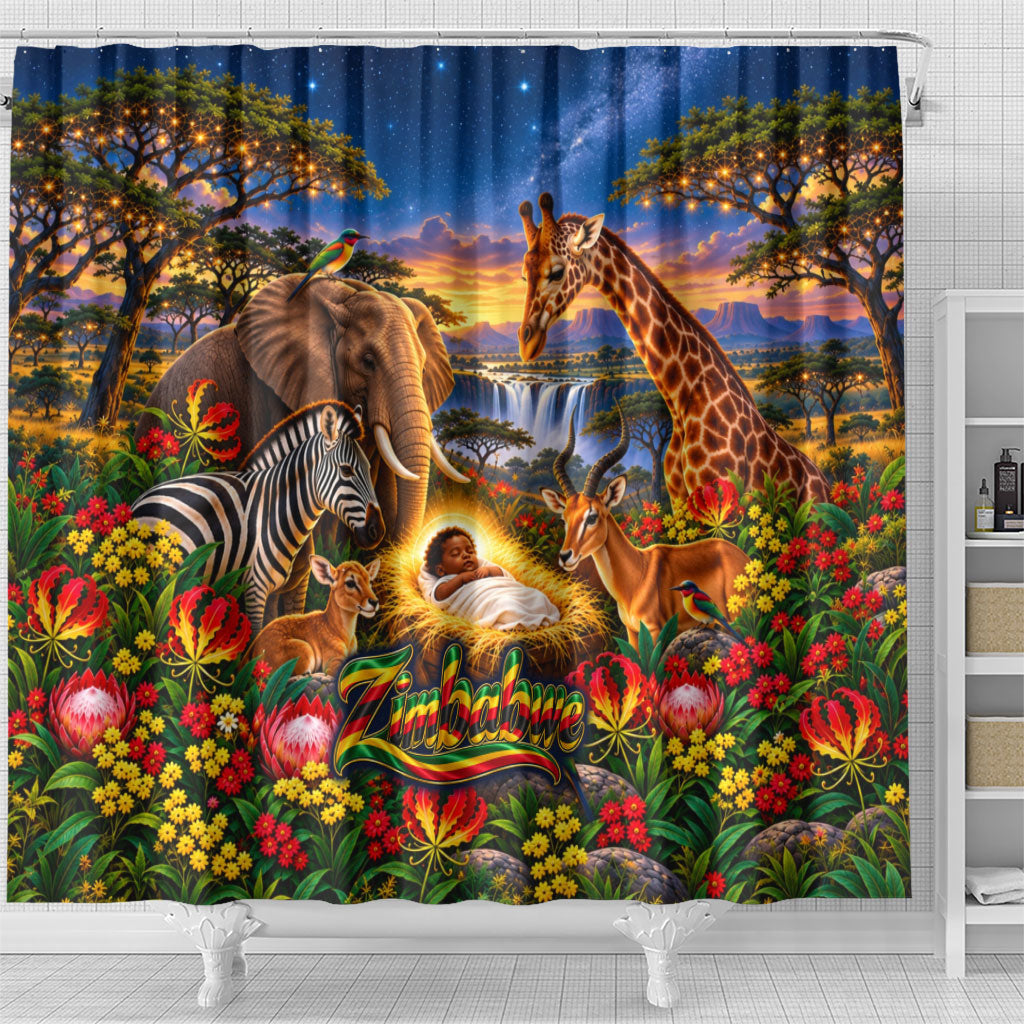Zimbabwe Christmas Holy Family Shower Curtain African Safari Wildlife Savanna Sunset Baby Jesus