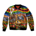 Zimbabwe Christmas Holy Family Sleeve Zip Bomber Jacket African Safari Wildlife Savanna Sunset Baby Jesus