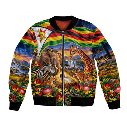 Zimbabwe Christmas Holy Family Sleeve Zip Bomber Jacket African Safari Wildlife Savanna Sunset Baby Jesus