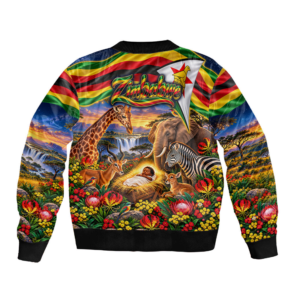 Zimbabwe Christmas Holy Family Sleeve Zip Bomber Jacket African Safari Wildlife Savanna Sunset Baby Jesus