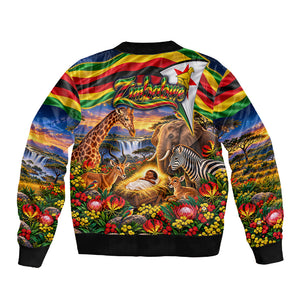 Zimbabwe Christmas Holy Family Sleeve Zip Bomber Jacket African Safari Wildlife Savanna Sunset Baby Jesus