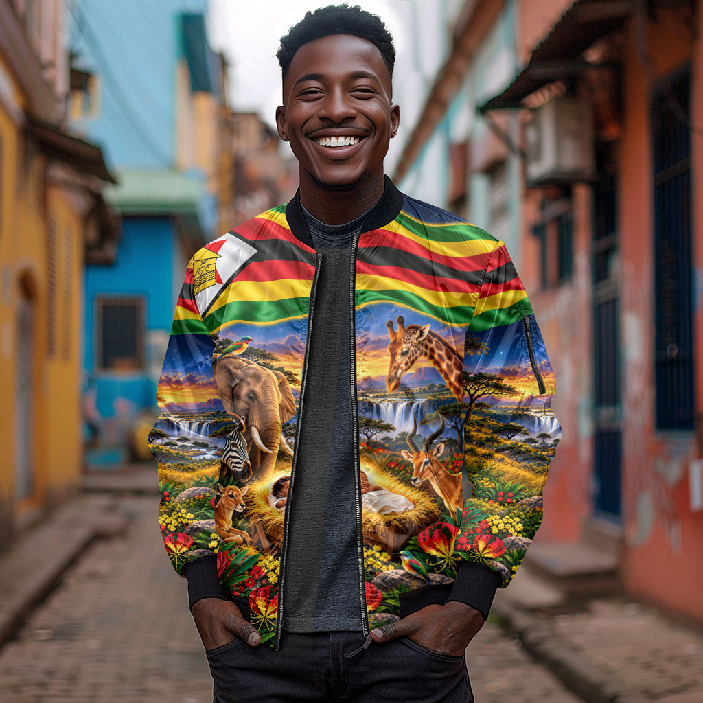 Zimbabwe Christmas Holy Family Sleeve Zip Bomber Jacket African Safari Wildlife Savanna Sunset Baby Jesus