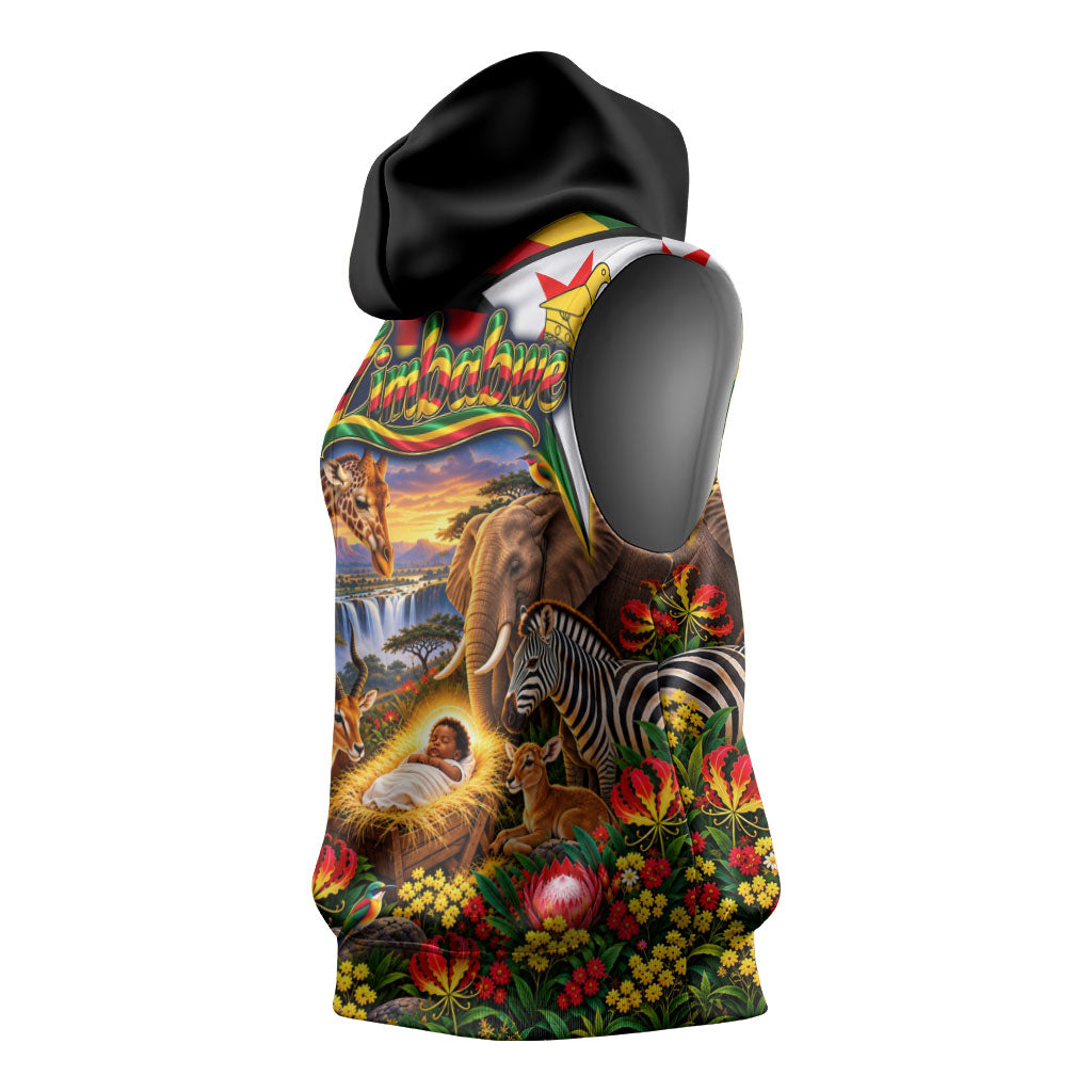 Zimbabwe Christmas Holy Family Sleeveless Hoodie African Safari Wildlife Savanna Sunset Baby Jesus
