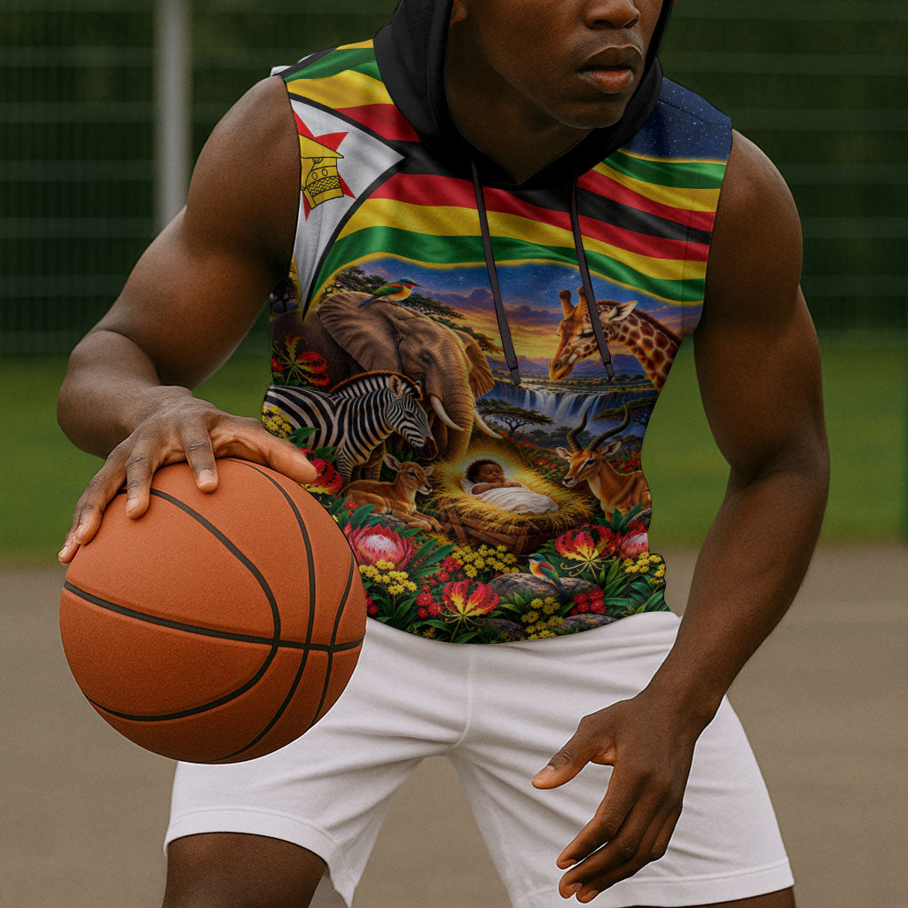 Zimbabwe Christmas Holy Family Sleeveless Hoodie African Safari Wildlife Savanna Sunset Baby Jesus
