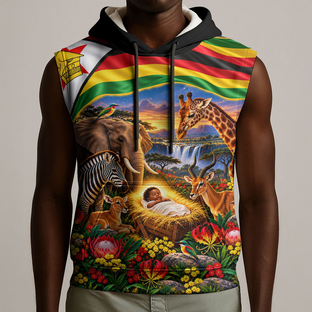 Zimbabwe Christmas Holy Family Sleeveless Hoodie African Safari Wildlife Savanna Sunset Baby Jesus