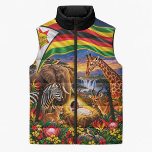 Zimbabwe Christmas Holy Family Sleeveless Puffer Jacket African Safari Wildlife Savanna Sunset Baby Jesus