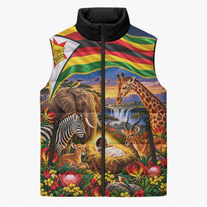 Zimbabwe Christmas Holy Family Sleeveless Puffer Jacket African Safari Wildlife Savanna Sunset Baby Jesus