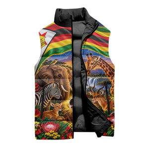 Zimbabwe Christmas Holy Family Sleeveless Puffer Jacket African Safari Wildlife Savanna Sunset Baby Jesus