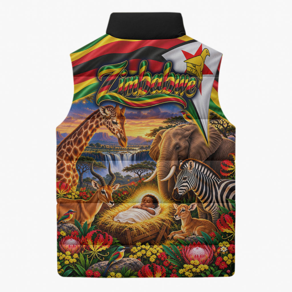 Zimbabwe Christmas Holy Family Sleeveless Puffer Jacket African Safari Wildlife Savanna Sunset Baby Jesus