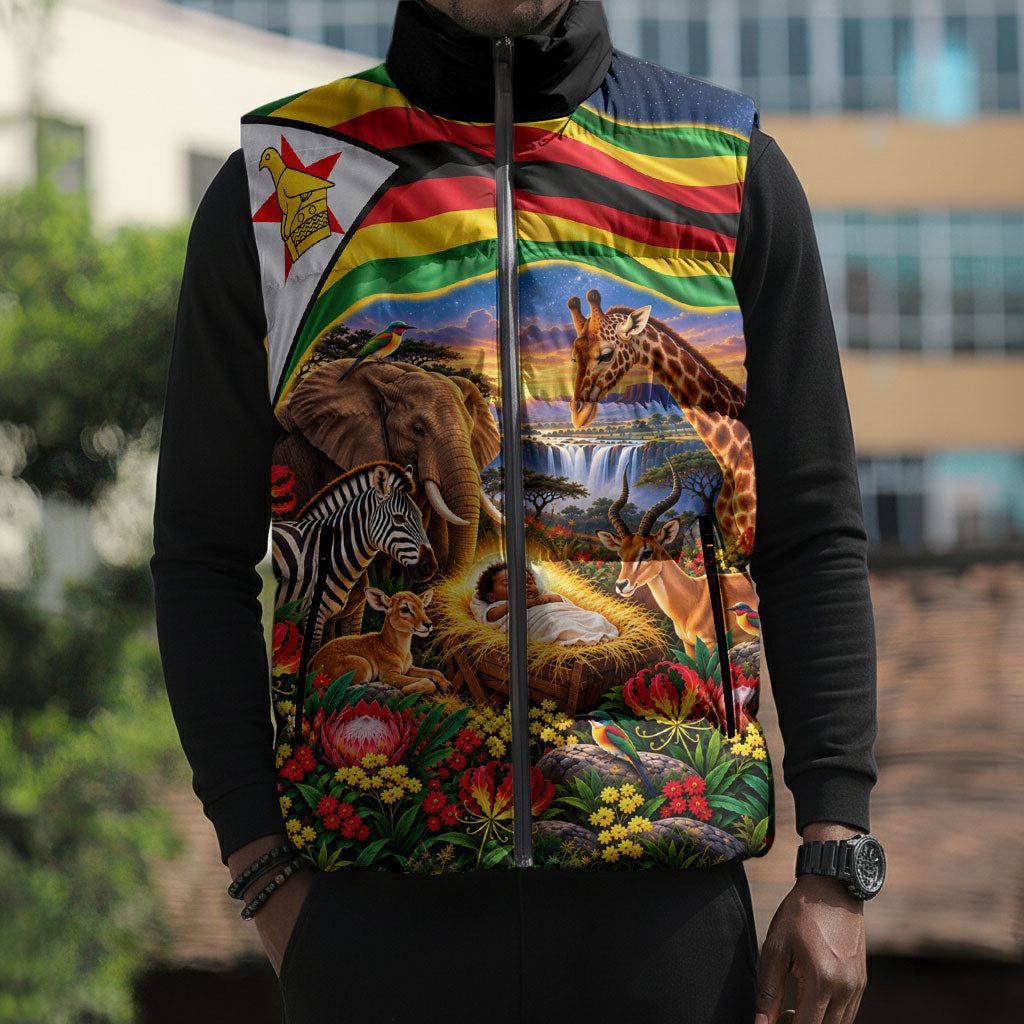 Zimbabwe Christmas Holy Family Sleeveless Puffer Jacket African Safari Wildlife Savanna Sunset Baby Jesus