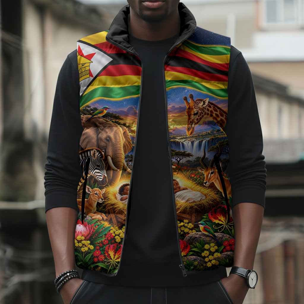Zimbabwe Christmas Holy Family Sleeveless Puffer Jacket African Safari Wildlife Savanna Sunset Baby Jesus