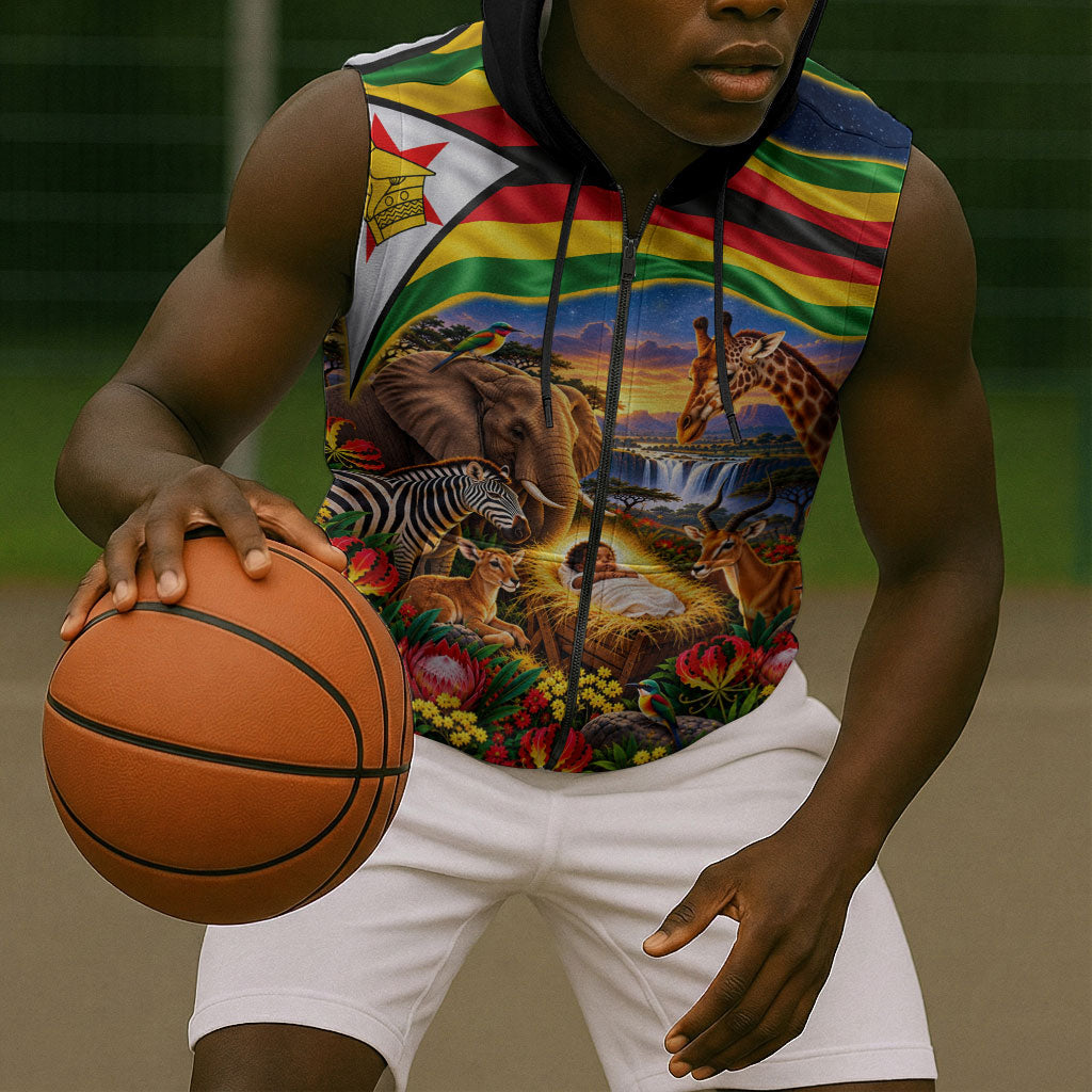 Zimbabwe Christmas Holy Family Sleeveless Zip Hoodie African Safari Wildlife Savanna Sunset Baby Jesus