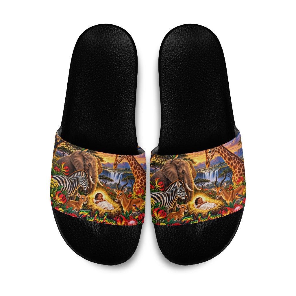 Zimbabwe Christmas Holy Family Slide Sandals African Safari Wildlife Savanna Sunset Baby Jesus