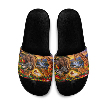 Zimbabwe Christmas Holy Family Slide Sandals African Safari Wildlife Savanna Sunset Baby Jesus