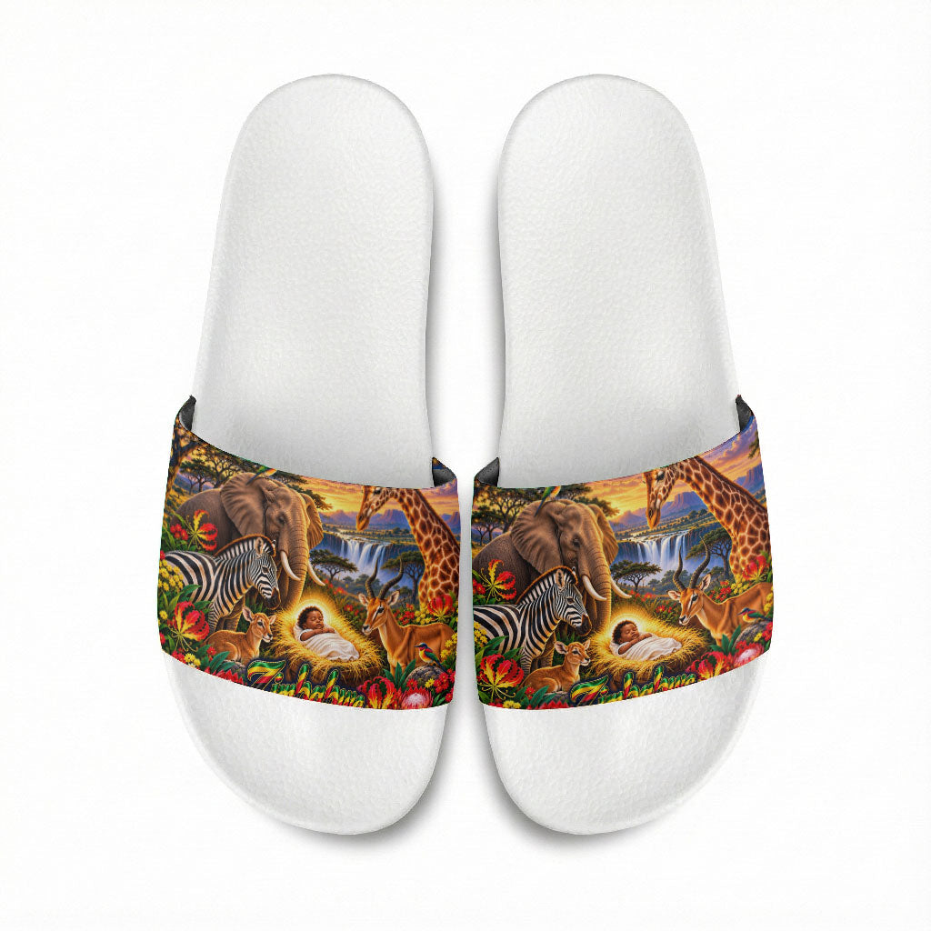 Zimbabwe Christmas Holy Family Slide Sandals African Safari Wildlife Savanna Sunset Baby Jesus