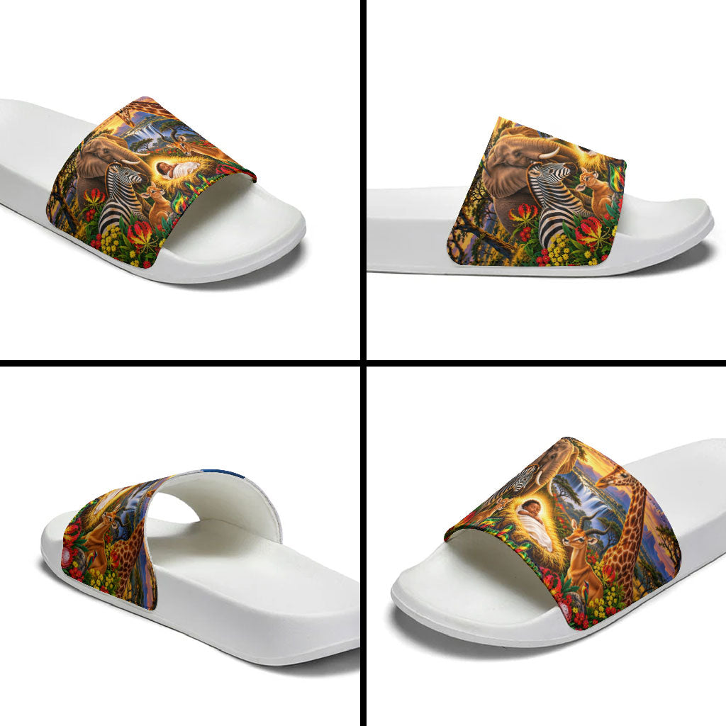 Zimbabwe Christmas Holy Family Slide Sandals African Safari Wildlife Savanna Sunset Baby Jesus