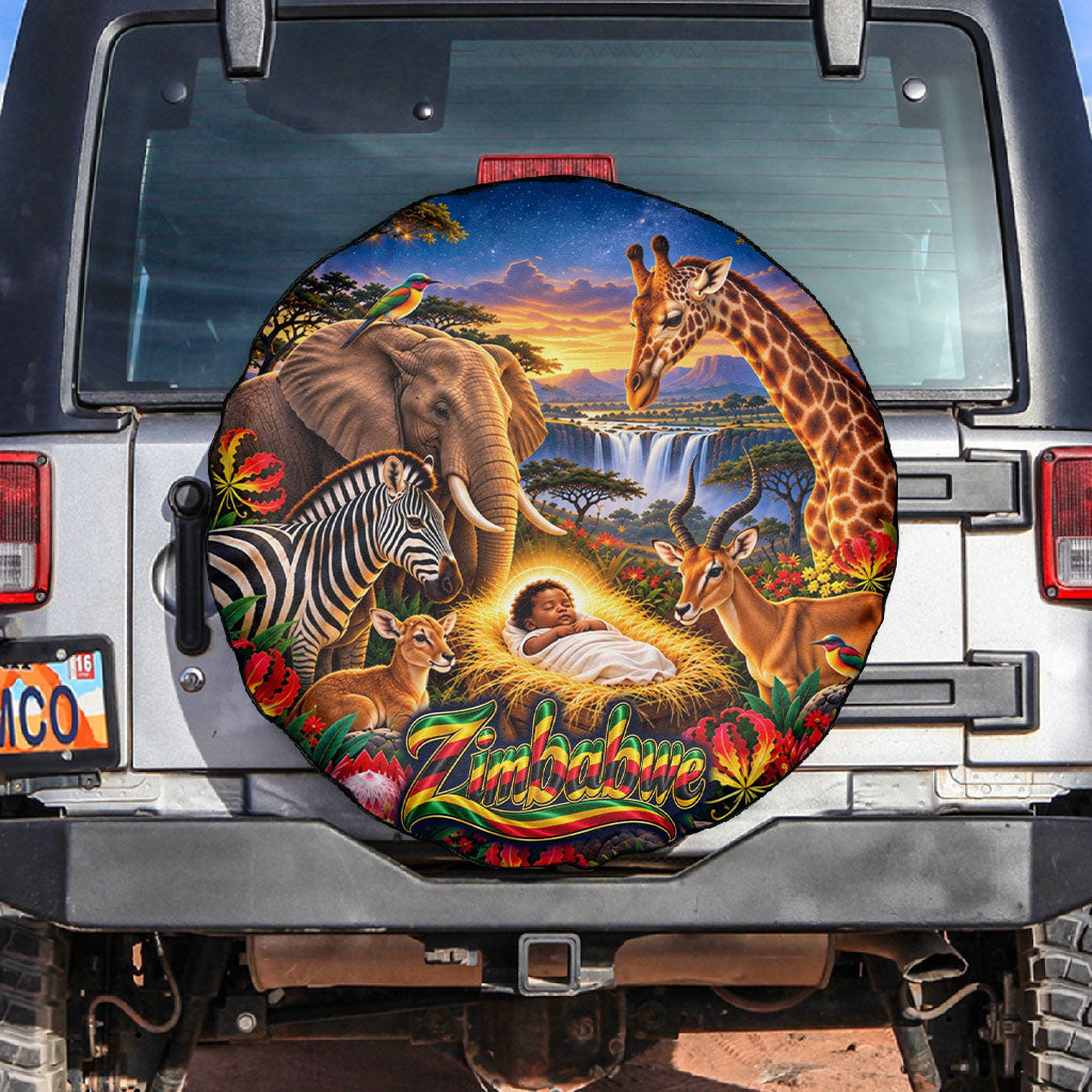 Zimbabwe Christmas Holy Family Spare Tire Cover African Safari Wildlife Savanna Sunset Baby Jesus