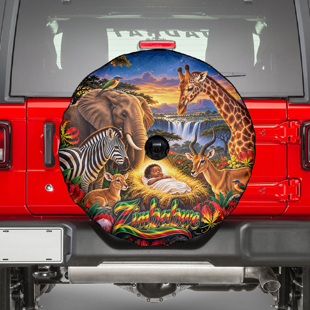 Zimbabwe Christmas Holy Family Spare Tire Cover African Safari Wildlife Savanna Sunset Baby Jesus